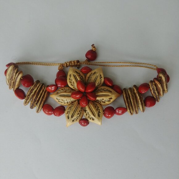 4/$20 Y2K wood and bead adjustable bracelet flower orange and brown - Picture 6 of 9